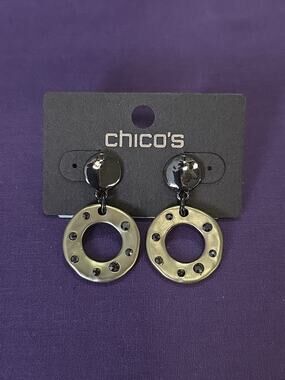 Chico's Dangle Earrings Matte Gold Rings Shiny Black Gunmetal Rhinestone Pierced